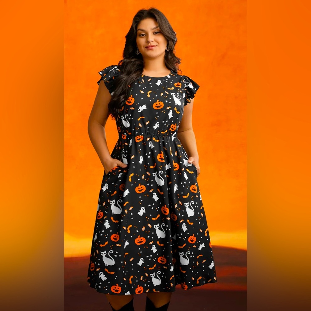 NWT BloomChic Adorable Halloween Dress with pockets!! black cat ghost witch